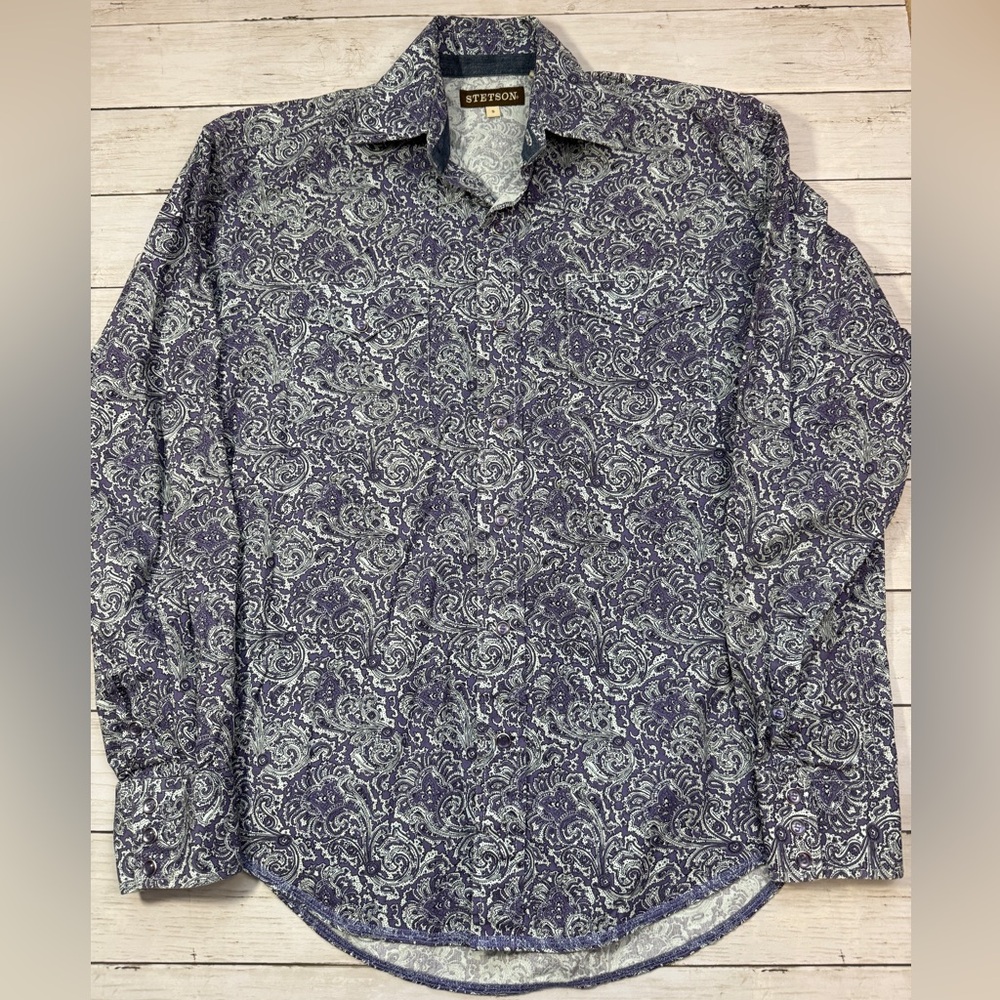 Stetson Western Paisley Snap Shirt Purple Long Sleeve Cowboy Small